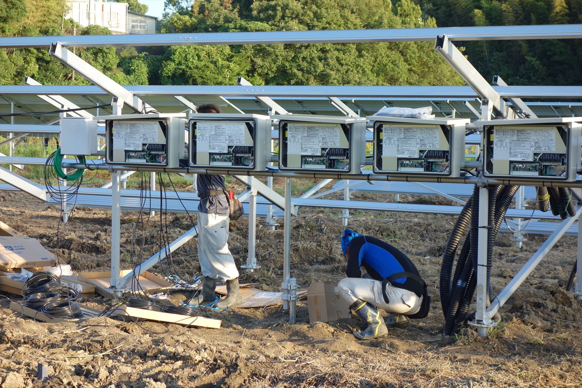 太陽光発電の設置を進めるスタッフ